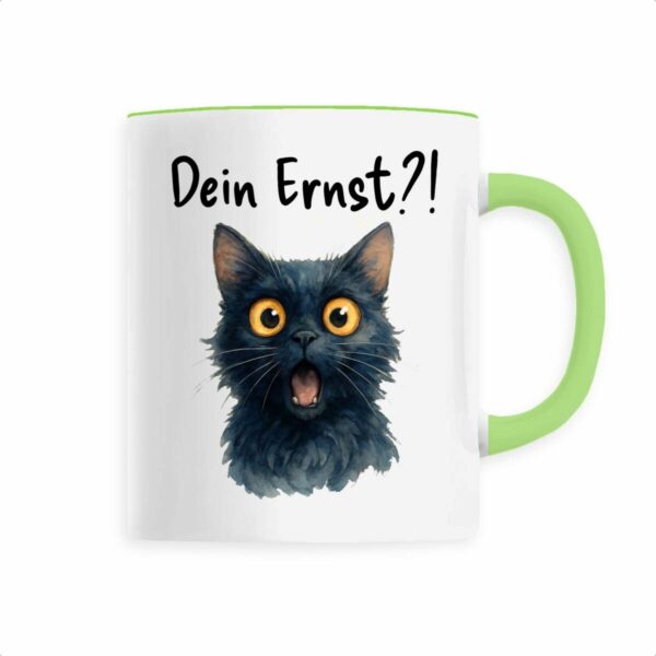 Keramik-Becher mit überraschter Katze und Schriftzug