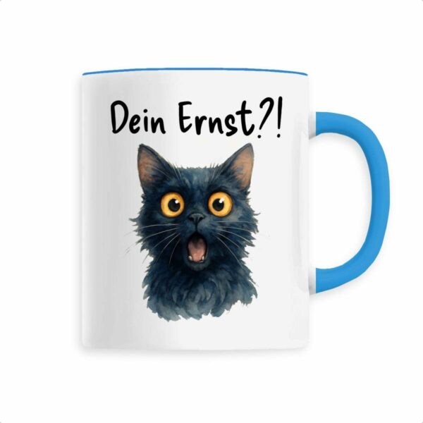 Keramik-Becher mit überraschter Katze und Schriftzug
