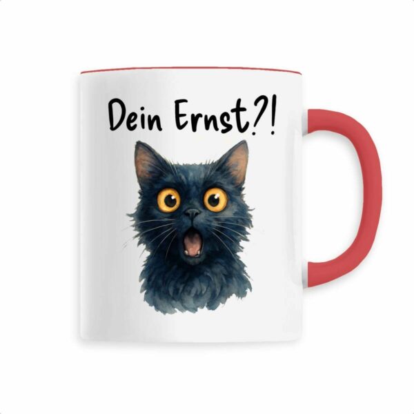Keramik-Becher mit überraschter Katze und Schriftzug