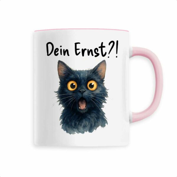 Keramik-Becher mit überraschter Katze und Schriftzug