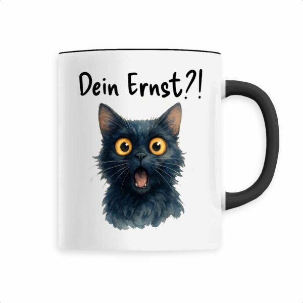 Keramik-Becher mit überraschter Katze und Schriftzug