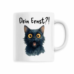 Keramik-Becher mit überraschter Katze und Schriftzug
