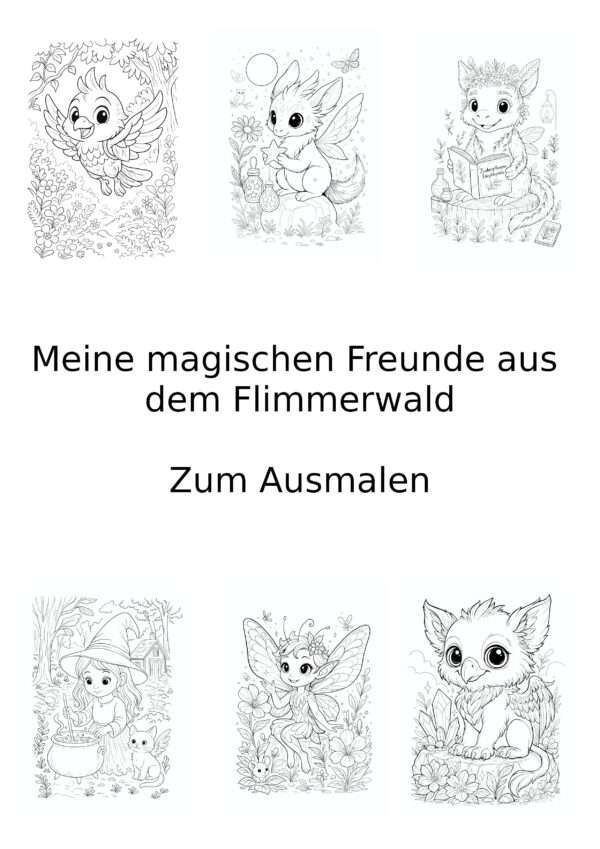Meine magischen Freunde aus dem Flimmerwald – zum Ausmalen, Set mit 6 Ausmalbildern